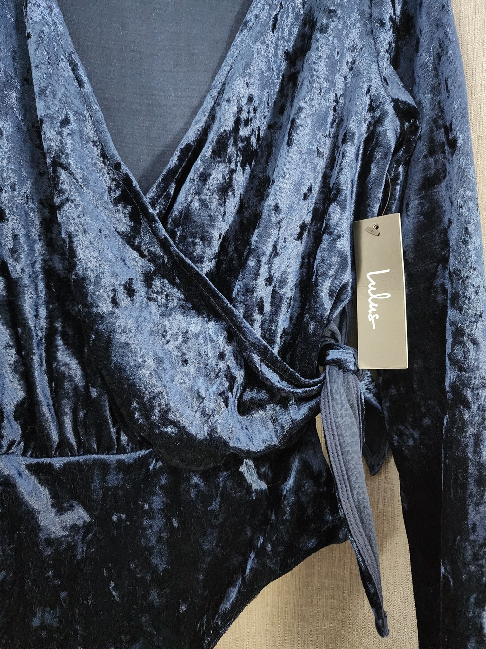 Lulu's Navy Blue Velvet Wrap Bodysuit